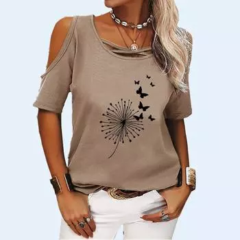 Женский модный топ с короткими рукавами и принтом, женская летняя футболка с открытыми плечами, повседневная футболка с круглым воротником, пуловер, свободная футболка M хаки