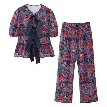 Женский модный топ с круглым вырезом и бантом, брюки с пуговицами, женский повседневный комплект с принтом из двух предметов XXS