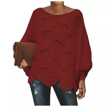 Женский модный топ с круглым вырезом, вязаный крючком, свободный однотонный вязаный свитер с длинными рукавами и рюшами XXL