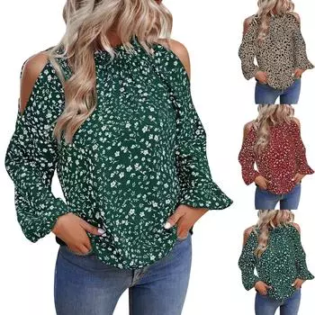 Женский модный топ с открытыми плечами и длинными рукавами с цветочным принтом L зелёный