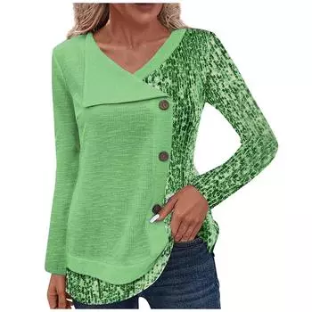 Женский модный топ с V-образным вырезом, застегивающийся на пуговицы, с длинными рукавами L зелёный