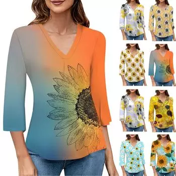 Женский модный топ с v-образным вырезом и градиентным принтом, рукав три четверти M