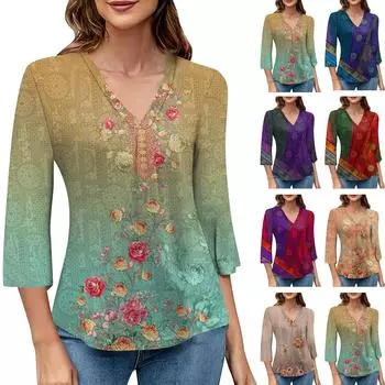 Женский модный топ с v-образным вырезом и градиентным принтом, рукав три четверти S хаки