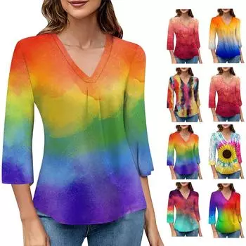 Женский модный топ с v-образным вырезом и градиентным принтом, рукав три четверти M
