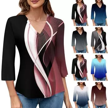 Женский модный топ с v-образным вырезом и градиентным принтом, рукав три четверти S синий