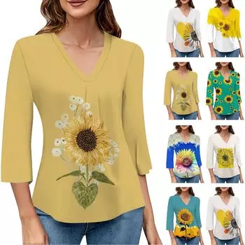 Женский модный топ с v-образным вырезом и градиентным принтом, рукав три четверти XXL жёлтый