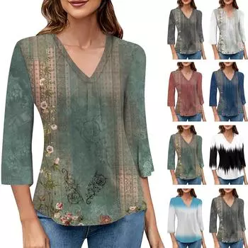 Женский модный топ с v-образным вырезом и градиентным принтом, рукав три четверти S