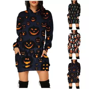 Женский модный топ средней длины с капюшоном и карманами средней длины с принтом на Хэллоуин L чёрный