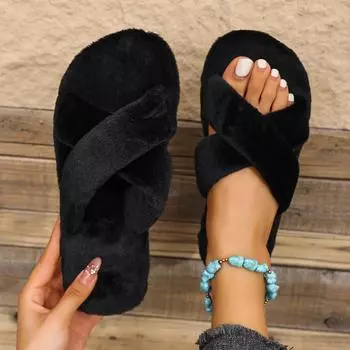 Женский модный тренд Колледж противоскользящие износостойкие теплые однотонные плоские хлопковые шлепанцы с перекрестными ремешками 36