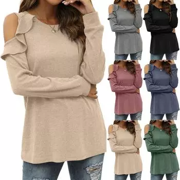 Женский модный трикотаж с круглым вырезом и открытыми плечами, свободный повседневный топ с рюшами XXXL чёрный