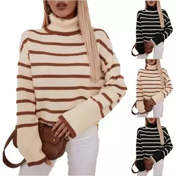 Женский модный трикотажный полосатый свитер с лацканами L бежевый