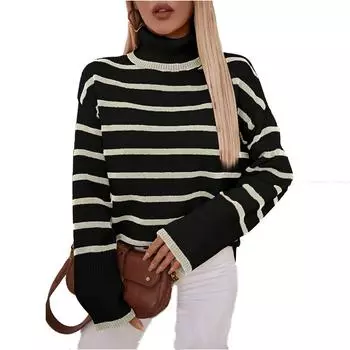 Женский модный трикотажный полосатый свитер с лацканами M чёрный