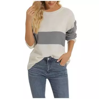 Женский модный трикотажный свитер с круглым вырезом и длинными рукавами в стиле пэчворк L бежевый