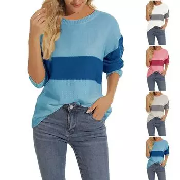 Женский модный трикотажный свитер с круглым вырезом и длинными рукавами в стиле пэчворк L бежевый