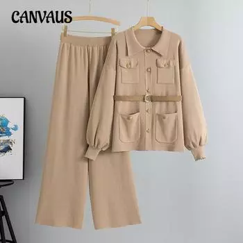 Женский модный удобный элегантный костюм из двух частей с лацканами для осени one size хаки