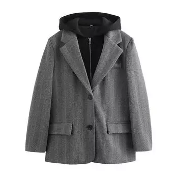 Женский модный универсальный пиджак с капюшоном, осенний пиджак с узором «елочка» и диагональю, однобортный пиджак с пряжкой и длинными рукавами S серый