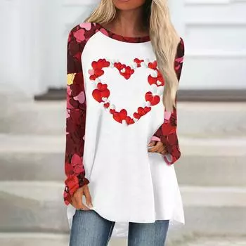 Женский модный универсальный топ с длинным рукавом и средней длиной с принтом в виде сердечек ко Дню святого Валентина L