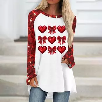 Женский модный универсальный топ с длинным рукавом и средней длиной с принтом в виде сердечек ко Дню святого Валентина L