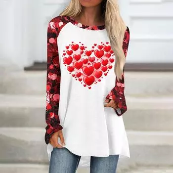 Женский модный универсальный топ с длинным рукавом и средней длиной с принтом в виде сердечек ко Дню святого Валентина L