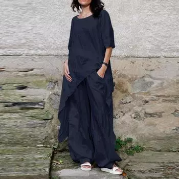 Женский модный весенне-летний хлопковый однотонный комплект, асимметричный топ с короткими рукавами, комплект брюк 5XL бежевый