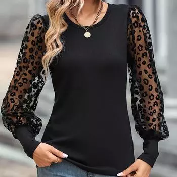 Женский модный весенний тонкий и тонкий кружевной топ с длинными рукавами и цветными блоками XXL чёрный