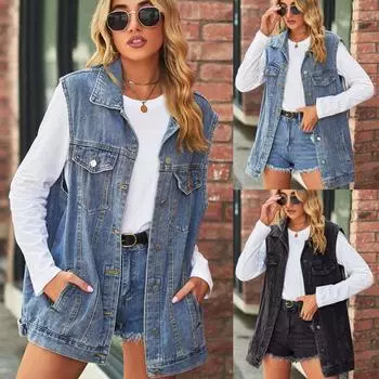 Женский модный винтажный джинсовый жилет, свободное повседневное пальто на пуговицах S синий