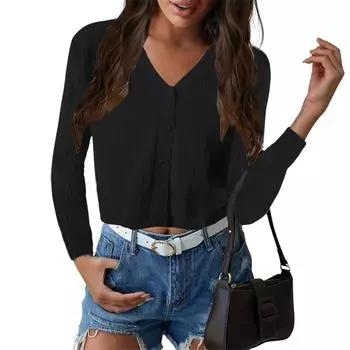 Женский модный вязаный кардиган на пуговицах, однотонный топ с длинными рукавами L чёрный