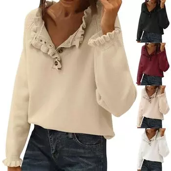 Женский модный вязаный повседневный свитер с длинным рукавом и оборками на пуговицах M