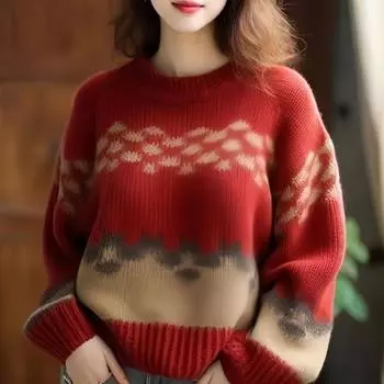 Женский модный вязаный свитер, новинка 2024 года, длинный рукав, свободный утолщенный топ с круглым вырезом, длинный рукав, повседневная винтажная женская одежда 2146 One Size