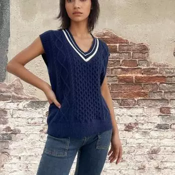 Женский модный жилет без рукавов с цветочным узором и V-образным вырезом L тёмно-синий