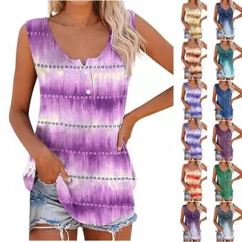 Женский модный жилет с принтом на пуговицах, повседневная футболка без рукавов с круглым вырезом, топ