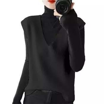 Женский модный жилет с V-образным вырезом, пуловер, свитер без рукавов, корейская версия, свободный повседневный свитер, куртка L чёрный