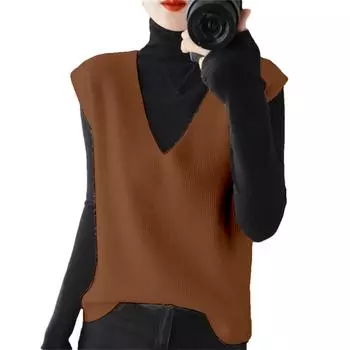 Женский модный жилет с V-образным вырезом, пуловер, свитер без рукавов, корейская версия, свободный повседневный свитер, куртка L чёрный