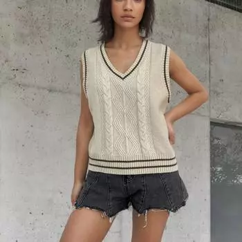 Женский модный жилет, трикотажный жилет с V-образным вырезом, контрастный цвет, ромбовидный свитер L бежевый