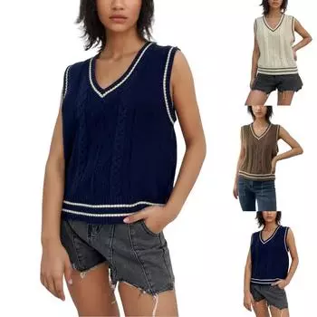 Женский модный жилет, трикотажный жилет с V-образным вырезом, контрастный цвет, ромбовидный свитер M бежевый