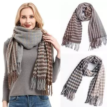 Женский модный зимний теплый шарф, шарф с узором «гусиные лапки», вязаный шарф с кисточками, утолщенный длинный шаль Free коричневый