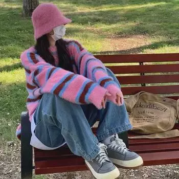 Женский мохеровый полосатый свитер: Свободный крой, круглый вырез, длинный рукав, мода осень/зима One Size кофейный