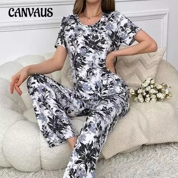 Женский молочный шелк с полным принтом, сексуальная женская домашняя одежда с короткими рукавами, брюки, костюм, пижама S