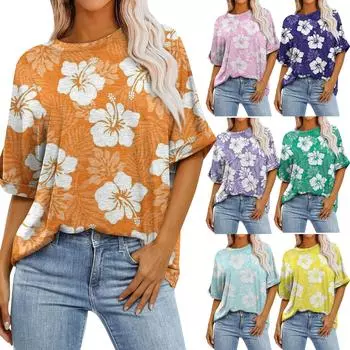Женский монохромный пуловер с цветочным принтом и круглым вырезом, свободная футболка большого размера с коротким рукавом, топ