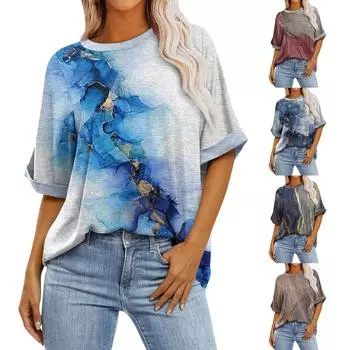 Женский монохромный пуловер с каменным принтом и круглым вырезом, свободная футболка большого размера с короткими рукавами, топ L синий