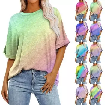 Женский монохромный пуловер с круглым вырезом и градиентным принтом, свободная футболка большого размера с короткими рукавами, топ L циан