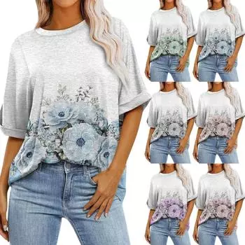 Женский монохромный современный пуловер с цветочным принтом и круглым вырезом, свободная футболка большого размера с коротким рукавом, топ
