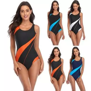 Женский монокини, цветной, облегающий, без рукавов, с вырезом, дышащий, плавающий, круглый M синий