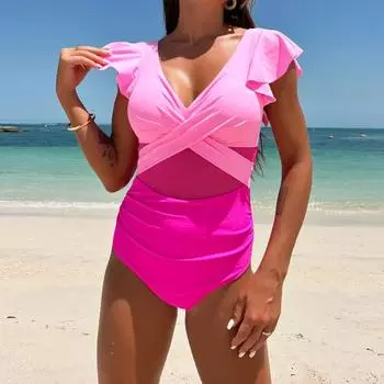 Женский монокини глубокий V-образный вырез сетчатый сплайсинг оборки рукава купальник однотонный быстросохнущий цельный бикини S чёрный