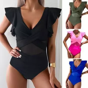 Женский монокини глубокий V-образный вырез сетчатый сплайсинг оборки рукава купальник однотонный быстросохнущий цельный бикини S чёрный