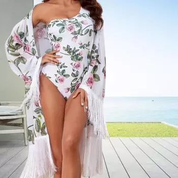 Женский Монокини, комплект из 2 шт./компл., накидка на одно плечо, соответствующий цвету, с принтом и кисточками, обтягивающий быстросохнущий купальник, кардиган, защита от солнца S чёрный