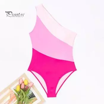 Женский монокини с цветными блоками, одно плечо, вырез на спине, цельный купальник-бикини, быстросохнущий, пляжная одежда, купальники M розы красного