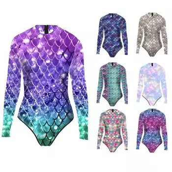 Женский монокини с длинным рукавом и принтом чешуи рыбы, молния сзади, эластичная ткань, цельный бикини, карнавальный костюм XL