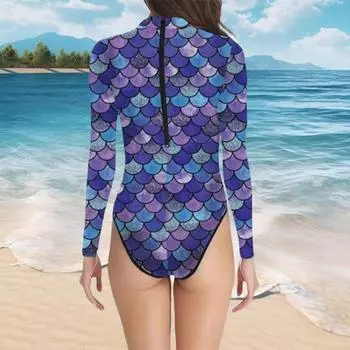 Женский монокини с длинным рукавом и принтом чешуи рыбы, молния сзади, эластичная ткань, цельный бикини, карнавальный костюм M фиолетовый/зелёный