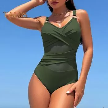 Женский монокини с глубоким V-образным вырезом без рукавов, облегающий цельный купальник-бикини, однотонный сетчатый купальник с утягивающим эффектом S чёрный